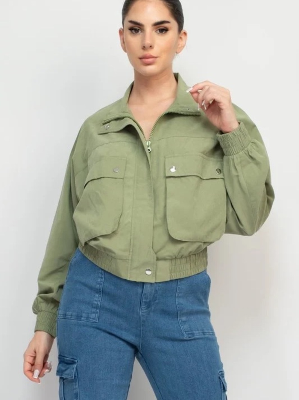 Olive Green Utility Cropped Jacket - Women